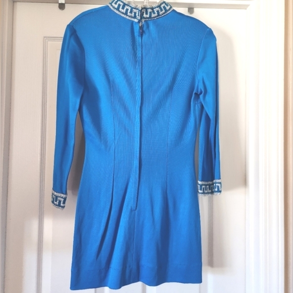 70s Twiggy MOD Zip Hi Neck Sparkly Greek Key Trim Star Trek Vin Mini Dress OO - Picture 4 of 16